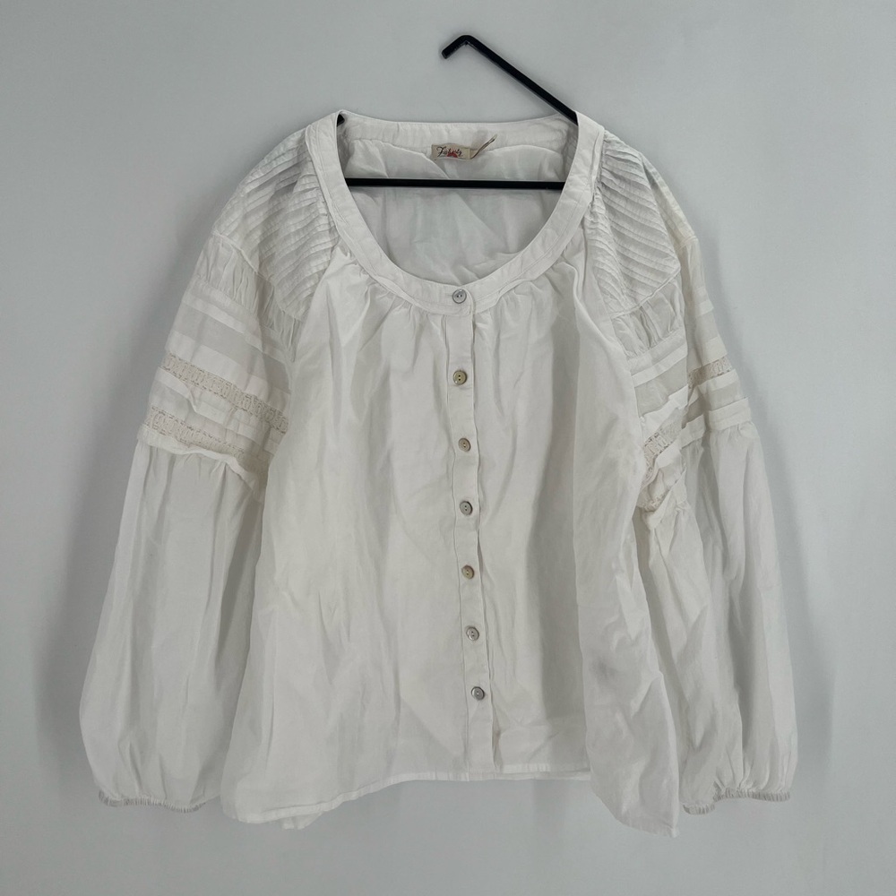 Faherty Enna Peasant Lace Inset Billowy Sleeve Button Front Top In White